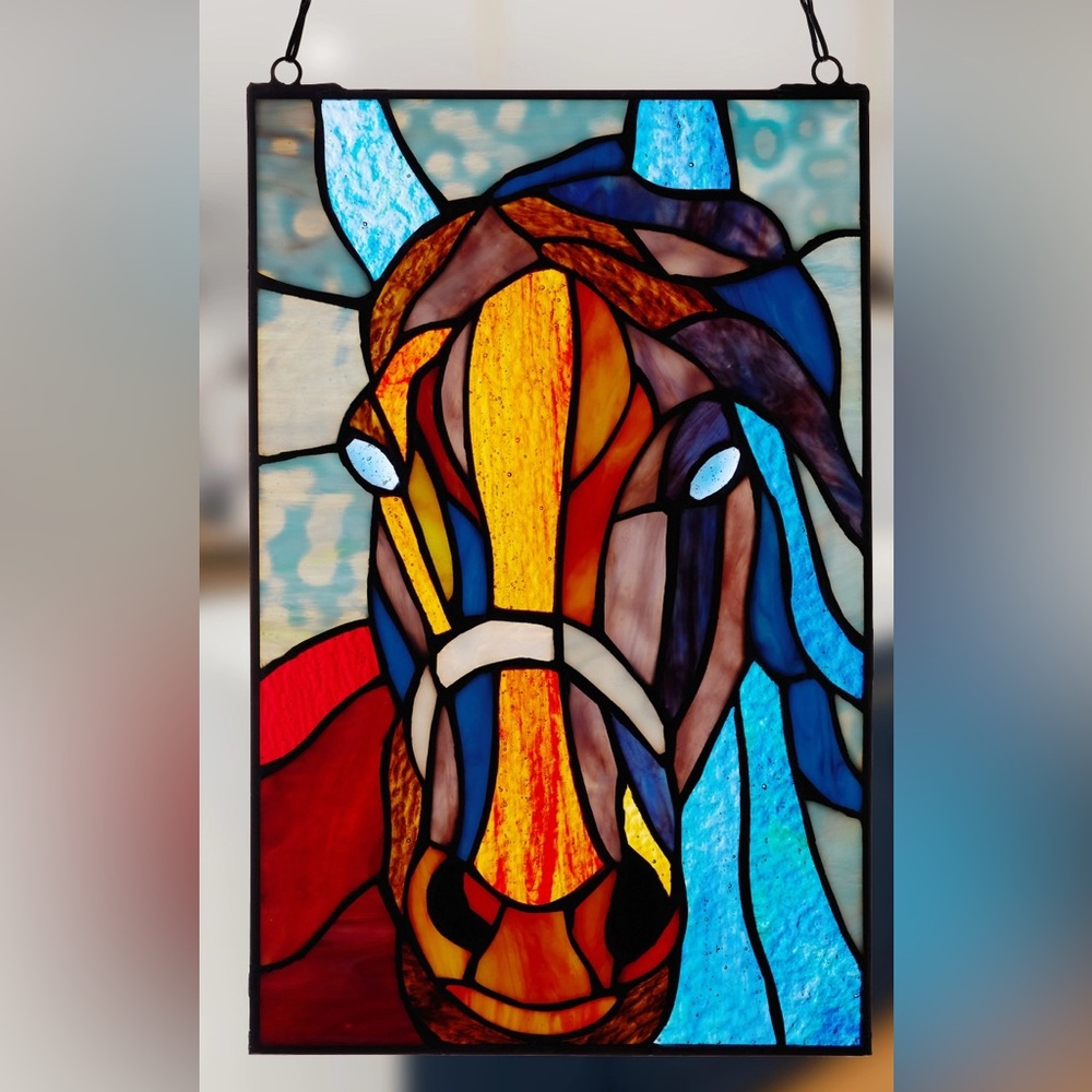RIVER OF GOODS Stained Glass Horse Art Panel Lodge Farm Bohemian Suncatcher